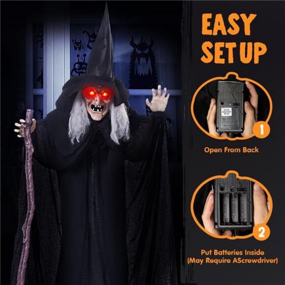 72" Outdoor Halloween Decorations Animatronics Witch with Cane, Life Size - Picture 6 of 7